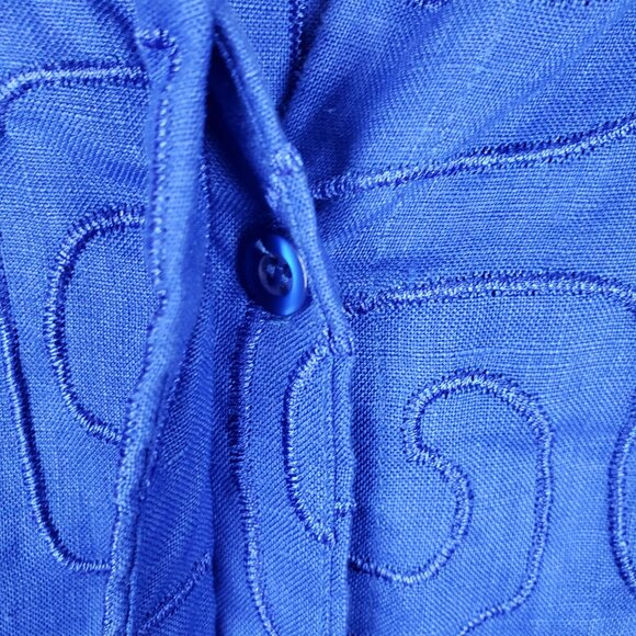 David Brooks Linen Button Up Top Royal Blue Swirl Embroidered Size Small - Picture 6 of 7